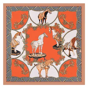 90cm French court horse print silk scarf with luxury baroque patterns in orange and black