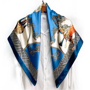 90cm French court horse print silk square scarf in royal blue and white on shirt