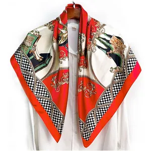 French palace horse silk scarf with vintage gold pattern and checkerboard border