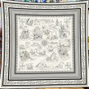 Scialle in velluto di seta 130 cm con stampa nautica, velieri e motivi paisley