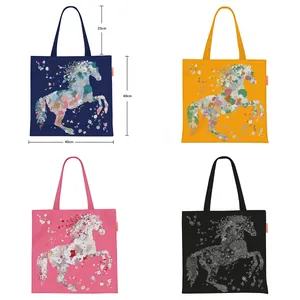 Detail showing colorful floral horse canvas tote bags with 40x40cm size dimensions