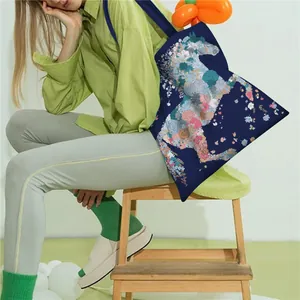 French style navy canvas tote bag featuring floral horse pattern on shoulder strap