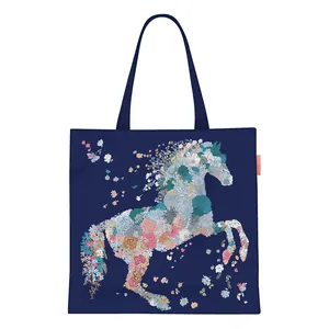 Navy blue canvas tote bag featuring an artistic floral horse print with top handles