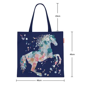Floral horse canvas tote bag detail with colorful art pattern and 40x40cm size dimensions