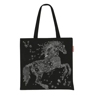 French style black canvas tote bag featuring a white floral horse print and long handles