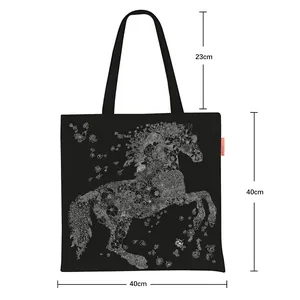 Floral horse pattern black tote bag size guide with 40cm height and 23cm handle drop