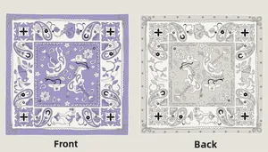 Detail view of paisley unicorn silk scarf showing front and back patterns in purple and grey