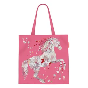 Pink canvas tote bag featuring a colorful floral horse pattern with long shoulder handles