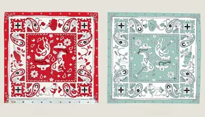 Detailed comparison showing front and back views of 90cm paisley unicorn silk square scarf