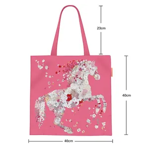 Detailed size chart of a pink floral horse canvas tote bag showing 40cm height and 23cm handle