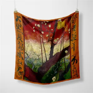 53cm Van Gogh Plum Orchard silk-like square scarf with artistic floral oil painting print