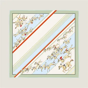 Detail of 90cm twill silk scarf showing horse racing pattern and rolled hem finish