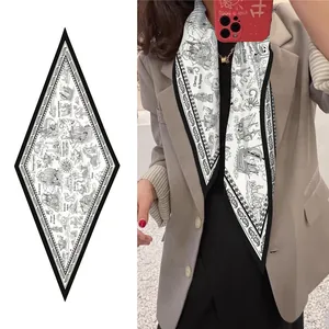 Nordic minimalist sailboat and mermaid print diamond silk scarf with black border details