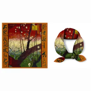 Detail of Van Gogh Ukiyo-e Plum Garden print on twill silk scarf with orange borders