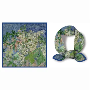 Detailed close-up of Van Gogh style square silk scarf featuring chestnut tree blossom print