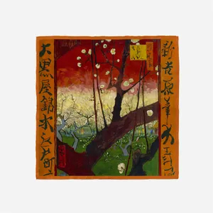 Van Gogh Plum Garden oil painting art silk square scarf with vibrant orange borders