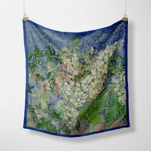 Van Gogh Lilacs art print twill silk square scarf with elegant navy blue satin border