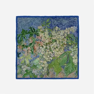 53cm Van Gogh chestnut oil painting style silk square scarf with blue artistic floral print
