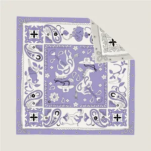 Premium 90cm square silk scarf with purple paisley, animals, and hand-rolled edges