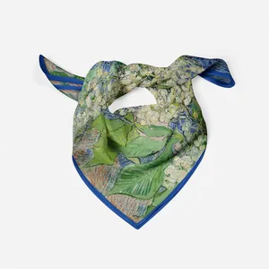 Artistic oil painting silk square scarf with vibrant green and blue patterns