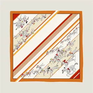 Detailed view of European style twill silk scarf with vibrant horse racing equestrian print