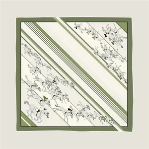 Detailed macro view of twill silk scarf featuring horse racing print and hand-rolled edges
