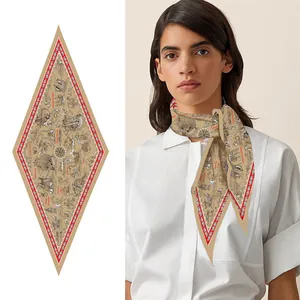 Detail of nautical print diamond silk scarf with sailing ships and mermaid motifs