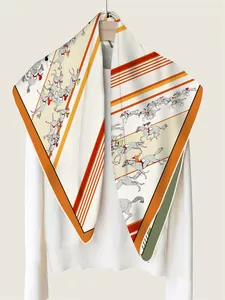 Detail of vintage equestrian print silk scarf showing racing horse motifs on white background