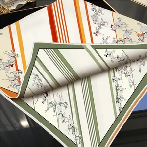 Silk twill square scarf with equestrian horse prints and striped borders in vibrant colors