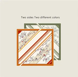 Double-sided equestrian print silk scarf in vibrant orange and elegant dark green