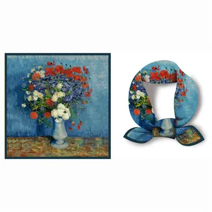 Detailed view of Van Gogh floral oil painting silk scarf with rich red poppy patterns