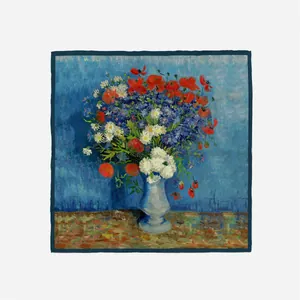 Van Gogh oil painting floral silk square scarf with hand-rolled blue edges 53cm