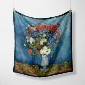 Van Gogh oil painting poppy and daisy printed silk scarf with navy blue borders