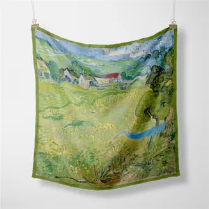 53cm Van Gogh oil painting style silk scarf with Auvers landscape scenery pattern