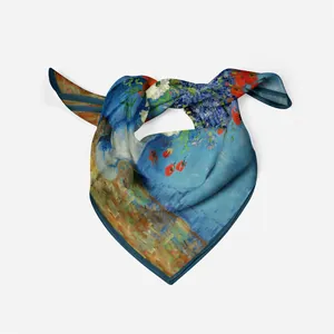 Van Gogh Oil Painting Rose Vase Print Silk Scarf 53cm Twill Decorative Square Necktie