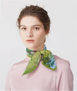Close-up of silk square scarf featuring Van Gogh style oil painting landscape print