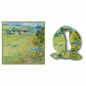 Detail of Van Gogh oil painting silk scarf with landscape print and dark green edges