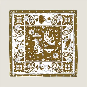 Detailed pattern of a 90cm twill silk square scarf with western paisley and animal print