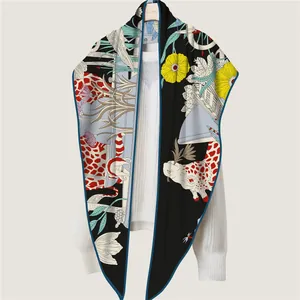Winter floral giraffe print faux silk triangle scarf shawl draped over a white sweater