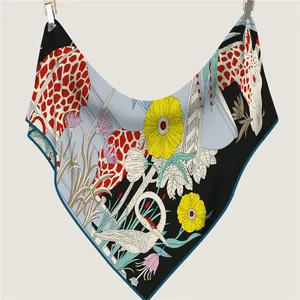Winter floral scarf with giraffe print, oversized silk shawl for women with high quality finish