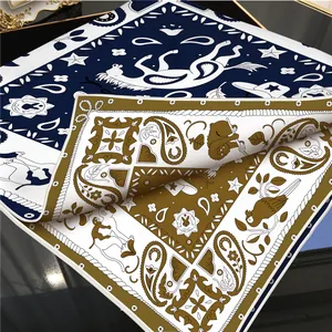 Vintage twill silk scarf with horse and animal prints on dark reflective background