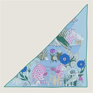 Silk-like triangle shawl with blue illustration featuring giraffes and garden fountain