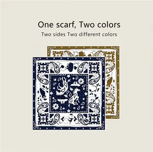 Double-sided paisley and horse print twill silk square scarf with hand-rolled edges