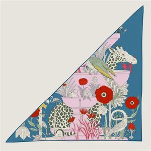 Artistic silk shawl with exotic animals and red floral prints for women outdoors