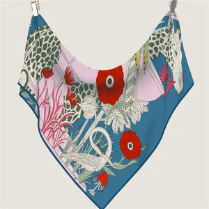 Navy blue floral silk scarf featuring giraffe and crane prints for autumn and spring