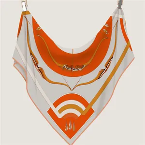 Silk-textured large triangular shawl with orange arrow patterns and earth tone accents