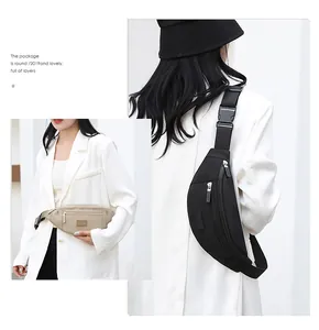 Close-up of waterproof oxford fabric waist bags in beige and black with adjustable straps