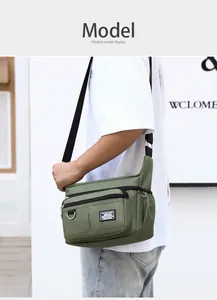 Detail view of army green nylon messenger bag showing multiple functional zipper pockets
