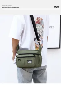 Macro shot of army green crossbody bag with multiple zip pockets and adjustable strap