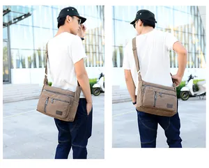 Men's khaki canvas messenger bag showing adjustable strap and multi-pocket layout